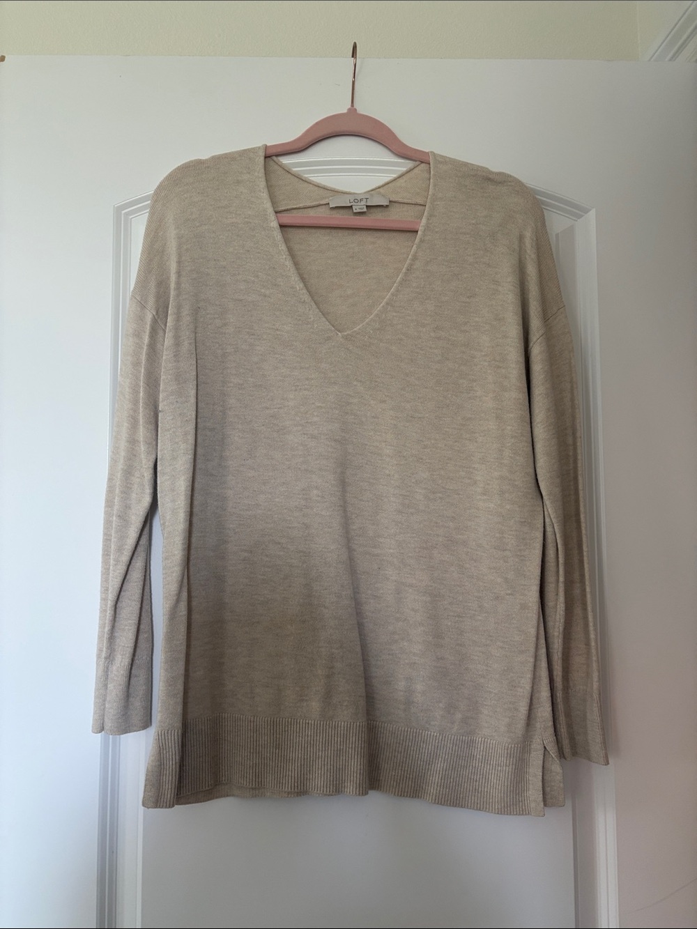LOFT Neutral V-Neck Lightweight Pullover Sweater in Beige